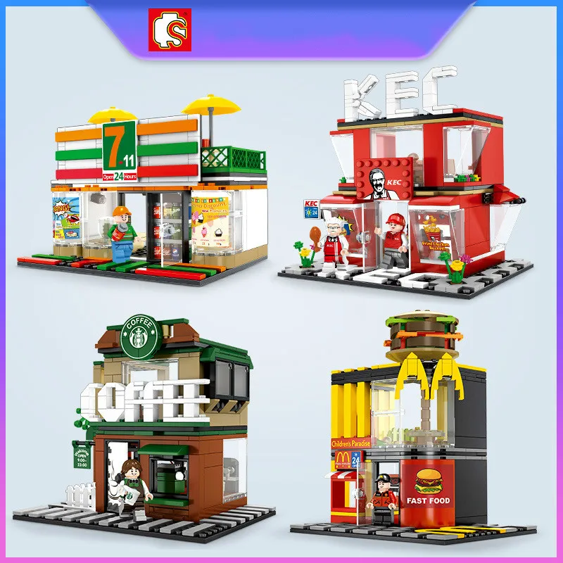 

Sembo Block Mini City Street Scene Retail Store Miniature Building Block Coffee Fast Food Apple 3D Model Brick Toy for Children
