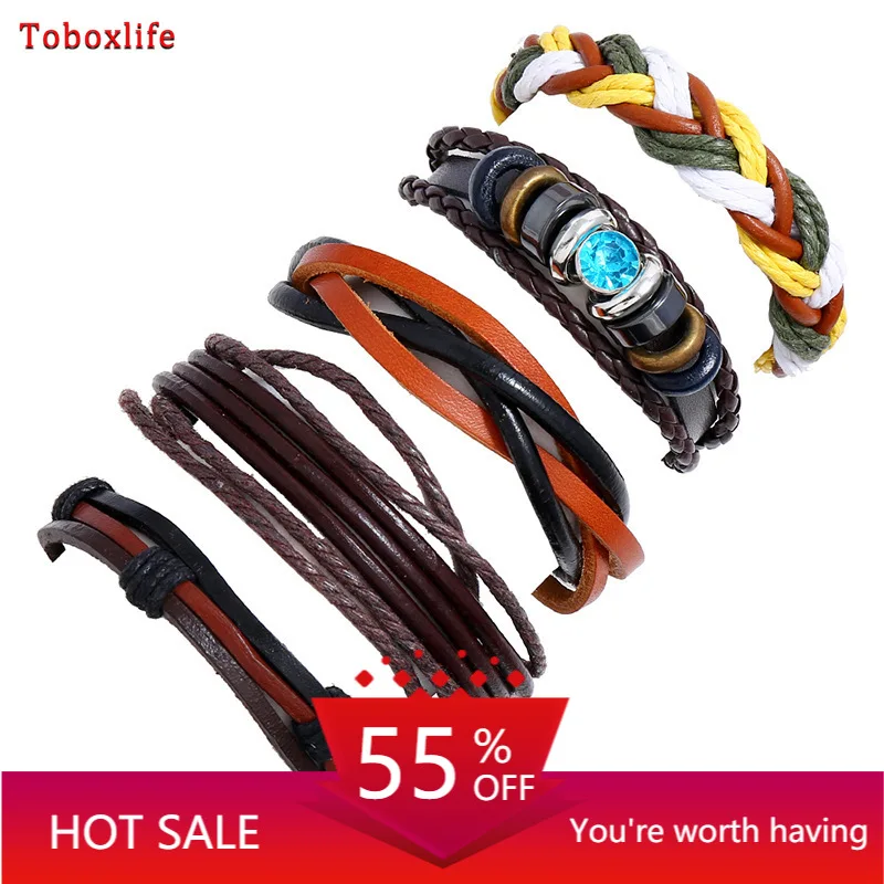 

Toboxlife 2020 New High Quality Lucky Vintage Men's Leather Bracelet Charm Multilayer Braided Unisex Valentines Day Gift Jewelry