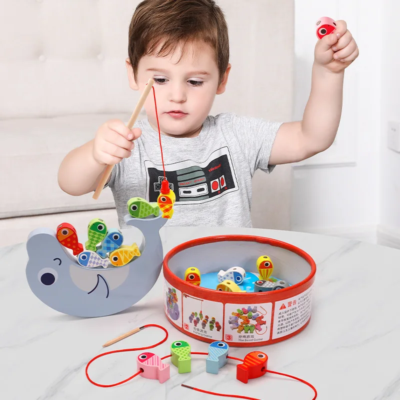 Children's wooden toy bucket three-in-one fishing game beaded balance game puzzle children building blocks toys wholesale