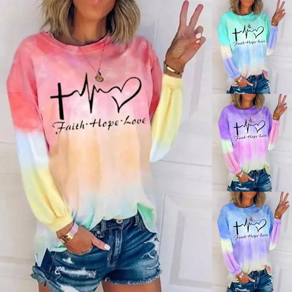 Sudadera informal de manga larga con cuello redondo para mujer, ropa para Parte Superior Femenina, con estampado de letras Tie-dye, para invierno y otoño, # fs