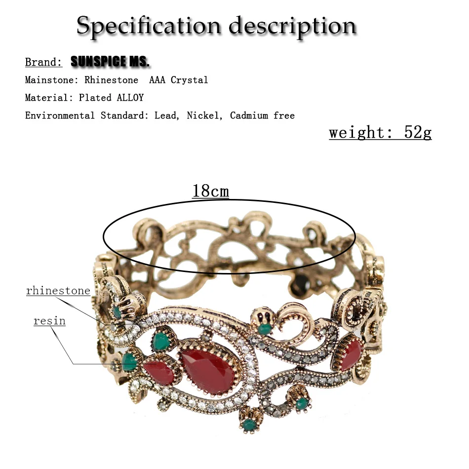SUNSPICE-MS, турецкий цветок, винтажный браслет для женщин, античное золото, многоцветная смола, этнические Свадебные манжеты, браслет, свадебные украшения