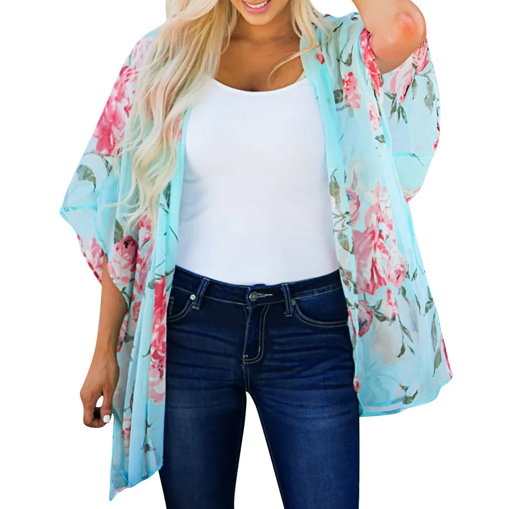 Women Blouses Summer Chiffon Blouse Women Lady Fashion Floral Loose Shawl Kimono Cardigan Boho Chiffon Tops Jacket Blouse