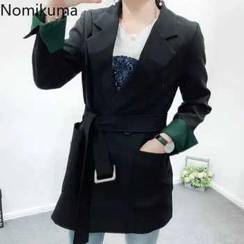 

Nomikuma 2020 Spring New Arrival Notched Long Sleeve Black Blazers Solid Color Slash Lace Up Fashionable Jackets Outerwear 3a203