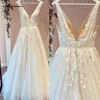 Lakshmigown Champagne V Neck Lace Appliques Wedding Dress Customized Shiny Tulle Vestidos Garden A Line Backless Bridal Gowns 1