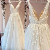 Lakshmigown Champagne V Neck Lace Appliques Wedding Dress Customized Shiny Tulle Vestidos Garden A Line Backless Bridal Gowns 1