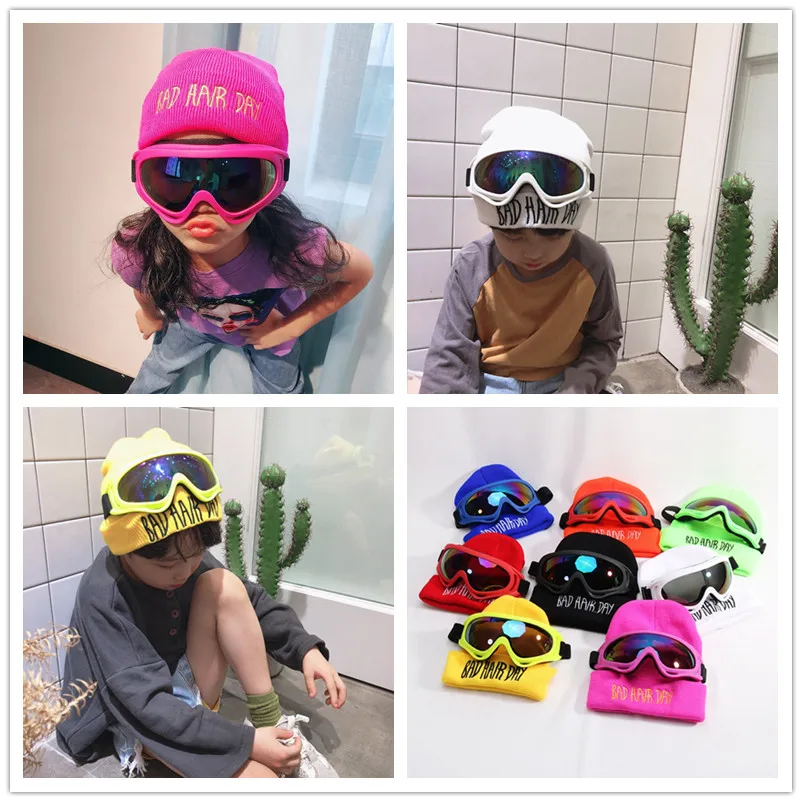 

Autumn Winter Baby Kids Boys Girls Hat Warm Caddice Comfortable High Quality Letter Design Knitting Ski Caps + Kids Goggle Hat