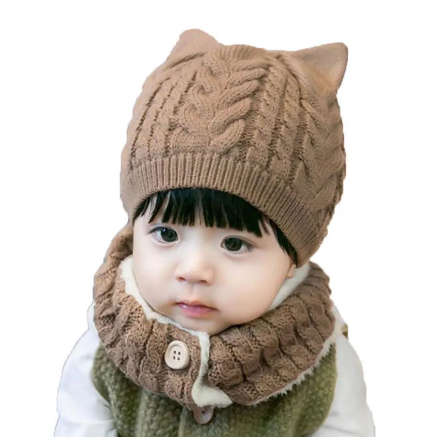 Winter Baby Girl Hat And Scarf Set For Children Boys Kids Thick Cable Knit Ear Beanie Cap Button Scarves Warm Wear 2 Pcs Suit