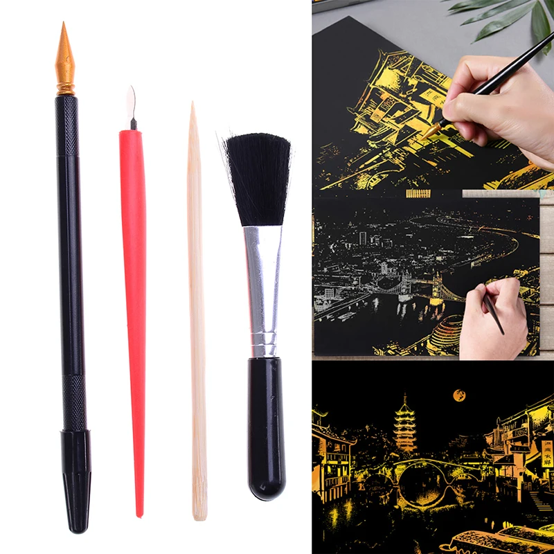 

4Pcs With Stick Scraper Pen DIY Gift Painting Drawing Scratch Arts Set Black Brush For Scratch Sketch Art Papers Boards Tools