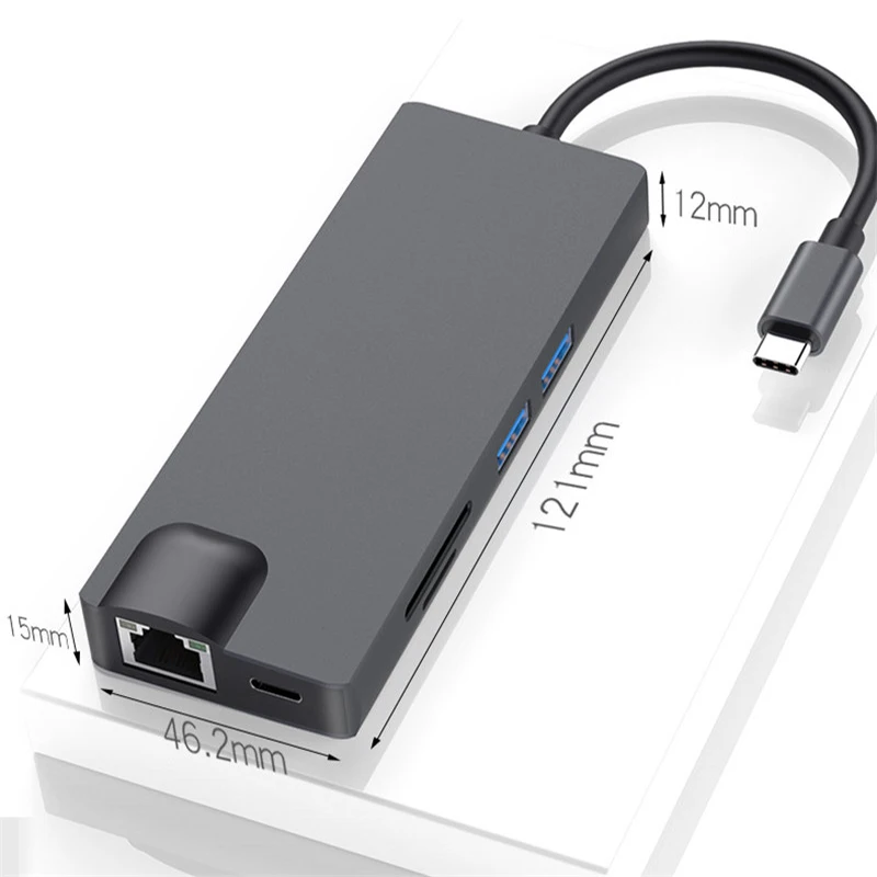 8 in 1 USB 3.0 Hub Type-C Multifunctional Dock Station Rj45 HDMI VGA PD Gigabit Ethernet Network Adapter Splitter Card Reader