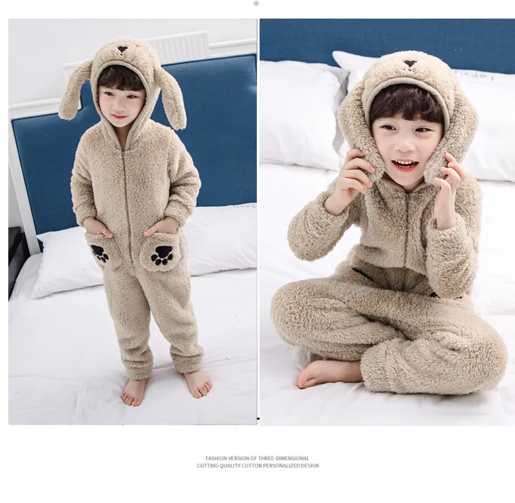 Children Double Fleece Animal Onesies Kids Sleepwear Winter Boys Hooded Flannel Thick Warm Jumpsuit Long Sleeve Children Pajamas