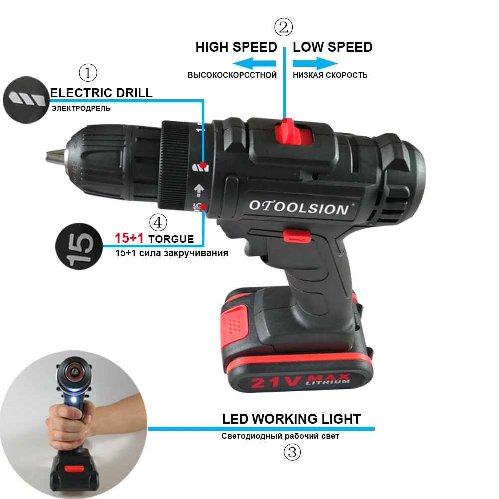 21V Portable Cordless Hand Drill Electric Drill Multifunctional Cordless Screwdriver Handheld Power Tools With Tool Box (5)