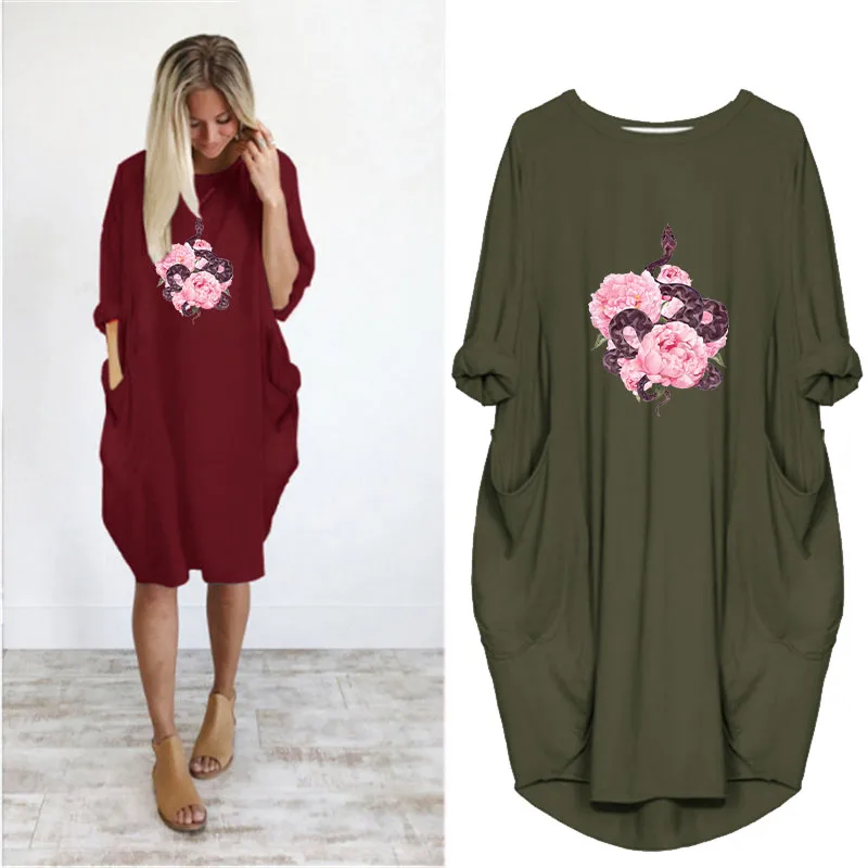 

Loose Lady Dresses Python&flower Print Long Sleeve o Neck Party Club Midi Dress Plus Size 5Xl Dresses Streetwear Vestido Robes