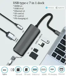 Concentrador de puertos USB tipo C, adaptador 5, 6, 7 en 1 a HDMI, RJ45, Macbook, Windows y PC