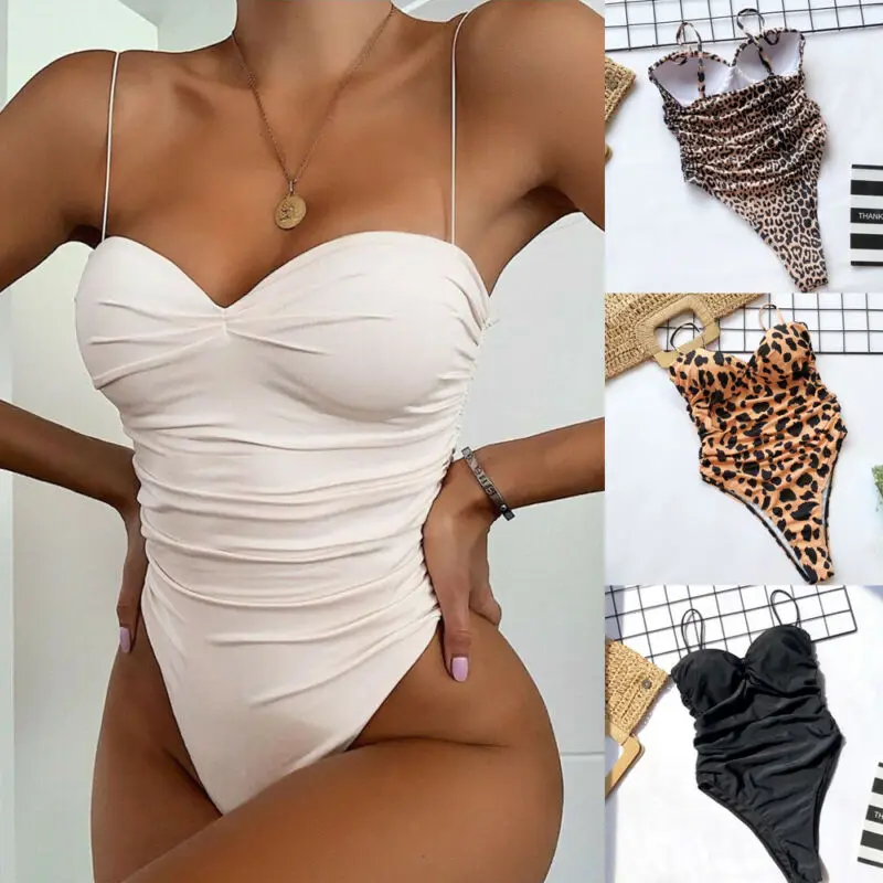 

Fashion Women Leopard Printed Slim One-Piece Swimwear Push-up Padded Monokini Bikini Bathing