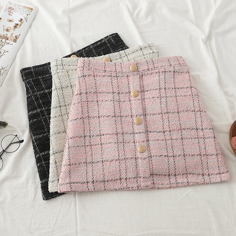 

Women Woolen Autumn Winter Mini Skirt Straight Plaid Buttons Elegant Skater Sexy Short Skirt High Waist Femininas