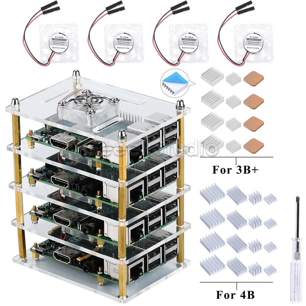 

4 Layers Acrylic Shell Dark Brown /Transparent Clear Case Cooling Fan Heatsink Screwdriver for Raspberry Pi 4B / 3B+ / 3B /2B/B+