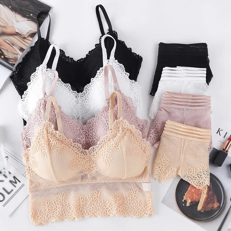 

Fashion V-Neck Lace Bra Set Female Gathered Wrapped Chest Woman Lace Bras Briefs Set