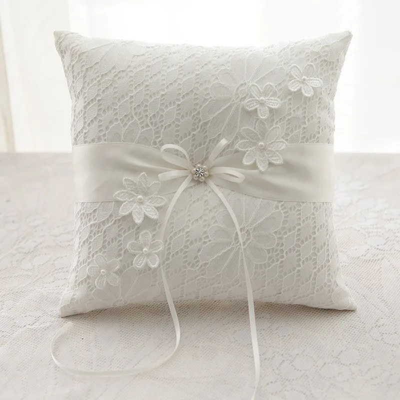 Wedding Ring Pillow Cushion Embroider Flower with Faux Pearl 21cm*21cm---Ivory 