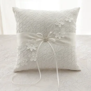 

Embroidery Flower Satin Pearl Wedding Ring Pillow Ivory Lace Ring Cushion Bearer With Ribbon 8.26inch Engagement Gift Favor