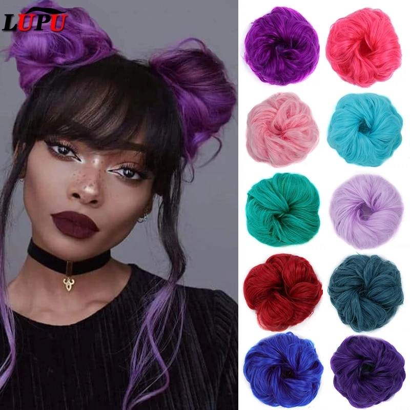 LUPU Synthetic Hair Bun Messy Scrunchies With Elastic Band Natural Fake Hair Tie Pieces Ponytail Colored Black Purple Pink Green