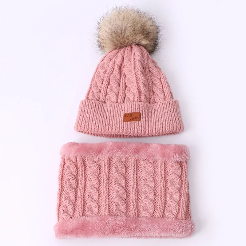 Детский комплект из шапки и шарфа, зимние однотонные шапочки Skullies с двойным помпоном из искусственного меха, высокое качество, вязаное кольцо для шляпы, шарф, шапка