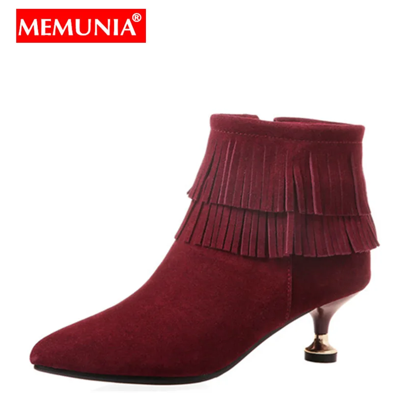 

MEMUNIA Plus size 34-43 New women's boots high heels pointed toe cow suede leather fashion boots cow leather ankle boots