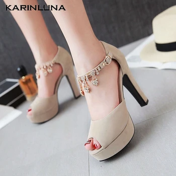 

KarinLuna 2020 New Fashion Plus Size 47 Women Sandals Square Heels Peep Toe Platform Metal Decoration Pumps Summer Women Shoes