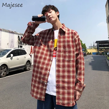 

Men Shirts Plaid Retro Japanese Style Loose Ins Mens Trendy All-match Chic Pocket Long Sleeve Ulzzang New Harajuku Daily Outwear