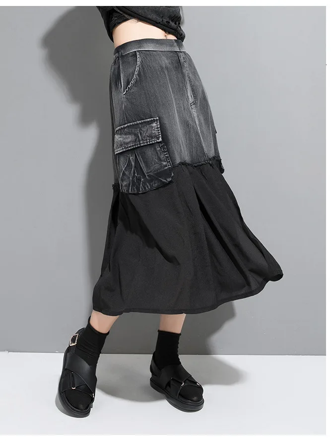 [EAM] Новинка Весна Лето Высокая талия черная джинсовая Сетка Сплит-соединение хит цвет стежка Свободная юбка женская мода JW052
