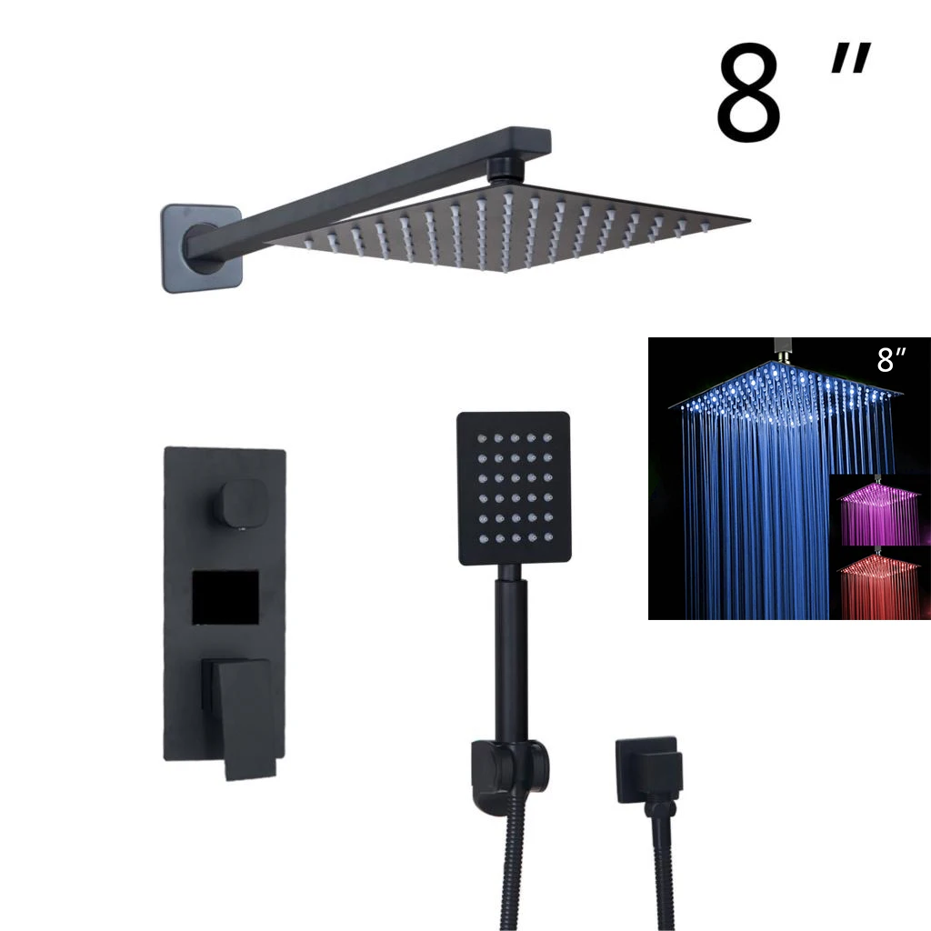 JIENI матовый черный Ванная комната душа Осадки Насадки для душа 2 способа цифровой Дисплей смеситель 3-функции цифровой смеситель для душа - Цвет: led 8 inch shower 3