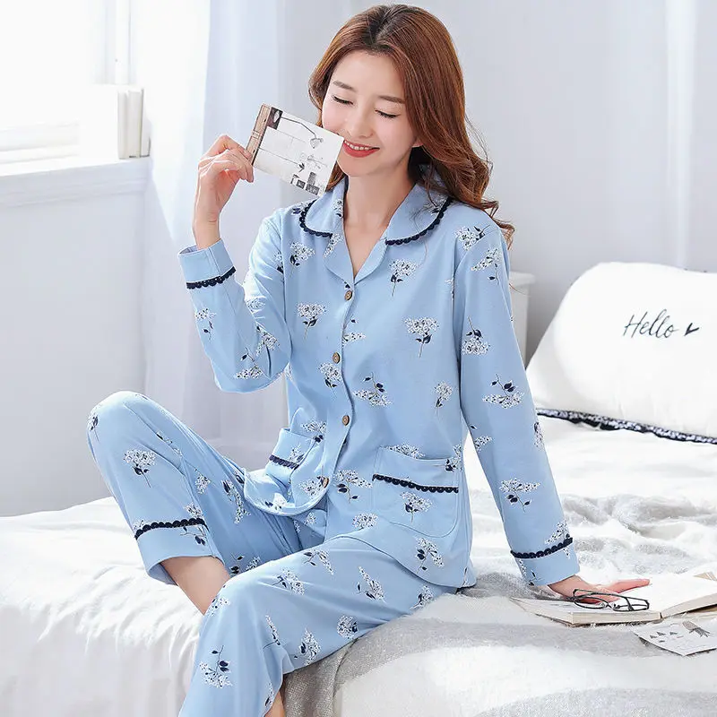 Женские пижамные комплекты, хлопковые Пижамные комплекты, осенние пижамы, пижамы, пижамы с длинным рукавом, Длинные пижамы, пижамы - Цвет: Color 7