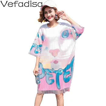 

Vefadisa Cat Printed T-shirt Dress Plus Size Women Dress 2020 Summer Mesh Patchwork Fake two Pieces Dress Long T-shirt QYF2443