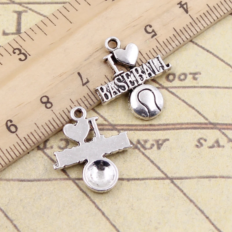I Love 야구 참, 티베트 실버 컬러 펜던트, 앤티크 주얼리 제작, DIY 수제 공예, 21x19mm, 10 개