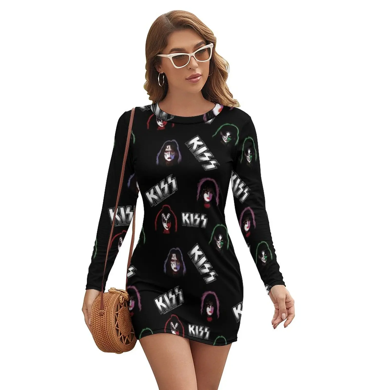 Kiss Band Dress Long Sleeve Fitted Spandex Bodycon Female Patterns Disco Wholesale OnePiece Dress