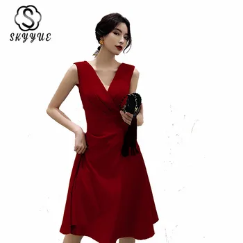 

Skyyue Tank Prom Dress Sleeveless Plus Size Burgundy Prom Dresses 2020 K344 V-Neck A-Line Knee-Length Vestidos De Gala