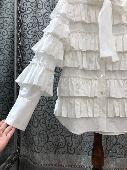 Autumn Fashion Cotton Dress High Quality Women Turn-down Collar Bow Tie Elegant Long Sleeve Cascading Ruffle Shirt Tops