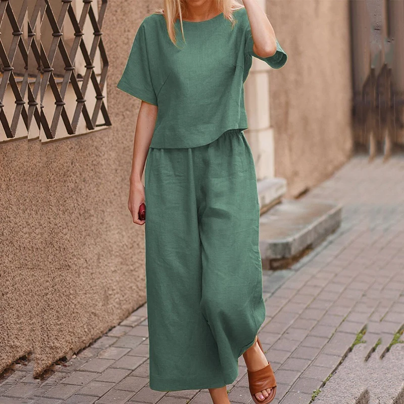 womens pant suit set 2021 Summer New Casual Women Two Piece Sets Cotton Linen O-Neck Tops And Straight Pants Outfits Fashion Solid Ladies Streetwear pink sweat suits