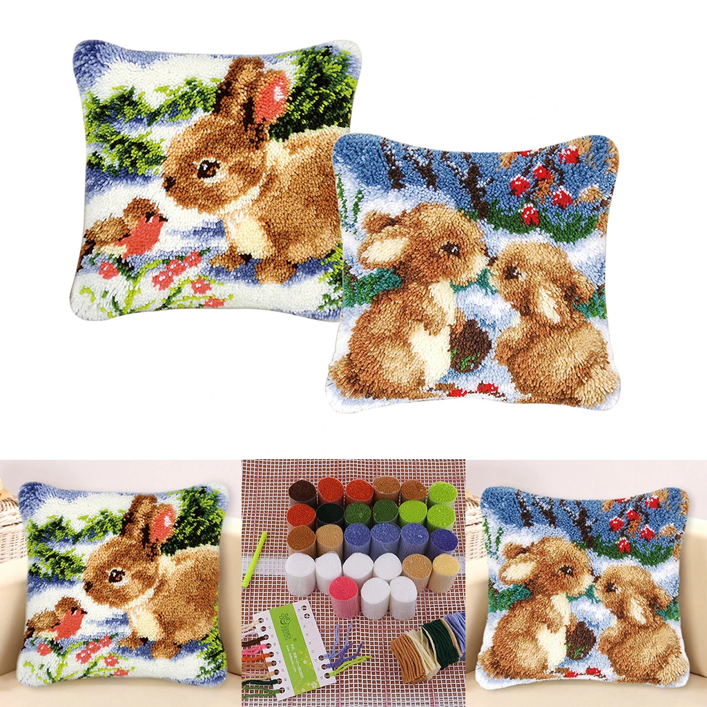 2 Set 43x43cm Cute Rabbits Latch Hook Kits Pillow Making Crafts for Kids Adults Craft
