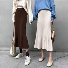 Корейские осенние зимние свободные трикотажные юбки длинные однотонные юбки с высокой талией женские юбки Повседневные плиссированные юбки