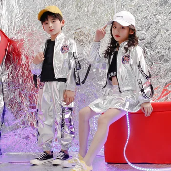 

2020 New Jazz Dance Children Hip Hop Costumes PU Silver Color Long Sleeve Jacket Coat Trousers Street Dance Drum Stage Costume