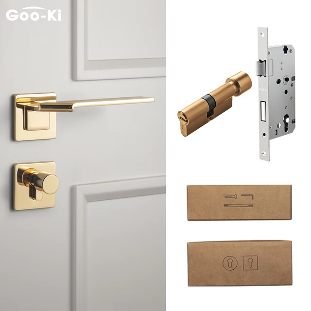 Goo-Ki Square Space Folding Bedroom Door Handle with Lock Minimalist Interior Door Handle Lock Cylinder Security Mute Door Lock GK