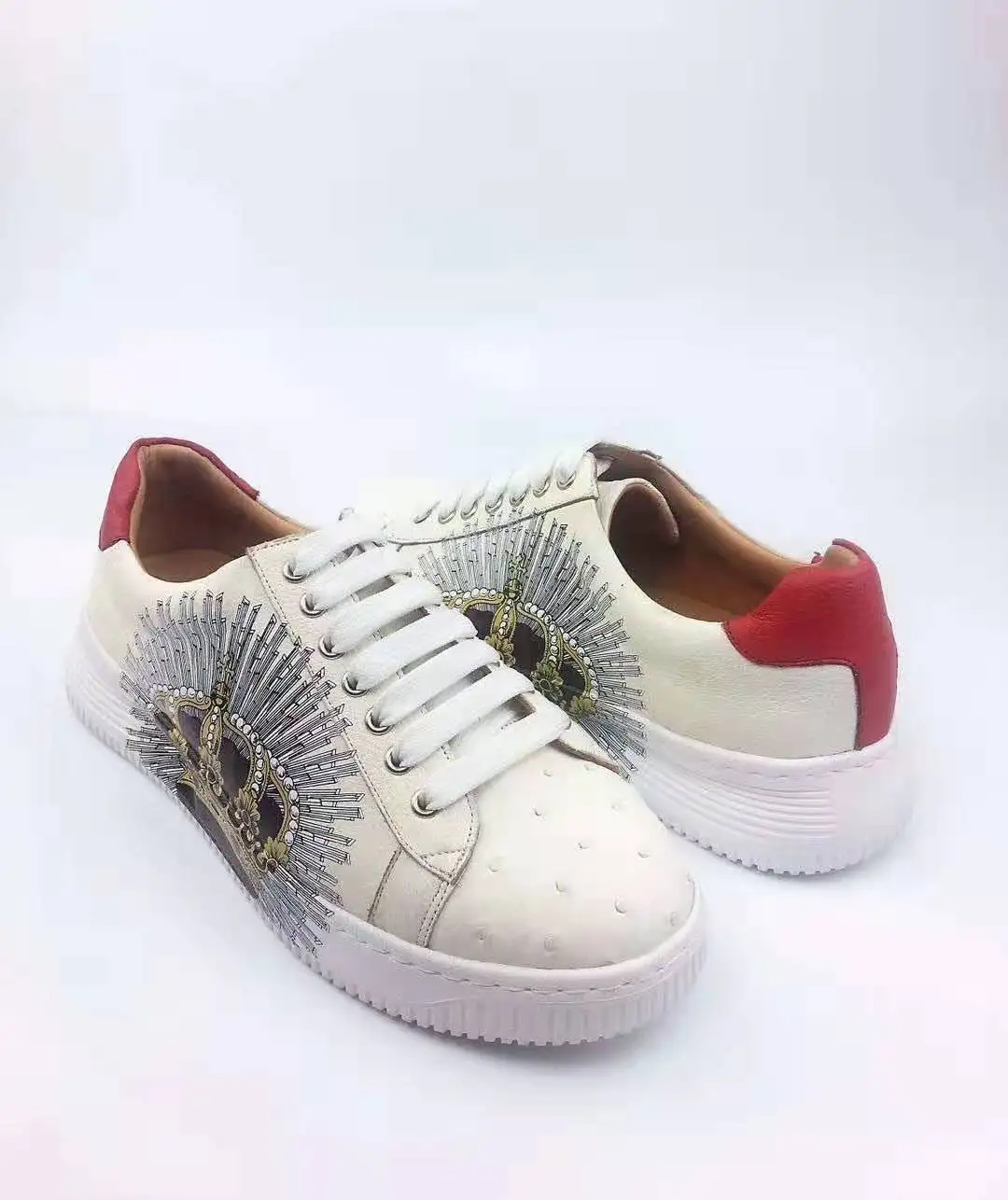 new production real genuine ostrich skin white color fashion sneaker shoe with genuine cowhide skin lining
