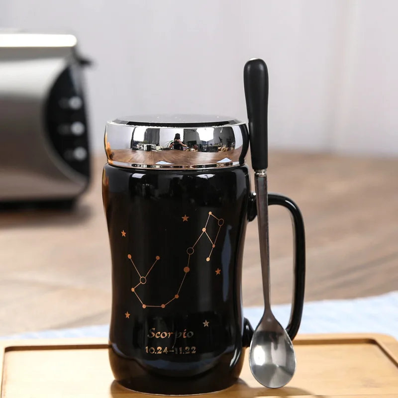 JOUDOO креативная керамическая кружка с двенадцатью созвездиями короткая кофейная посуда чашка офисная кофейная чайная керамическая бутылка кружки с крышкой ложки - Цвет: BK8