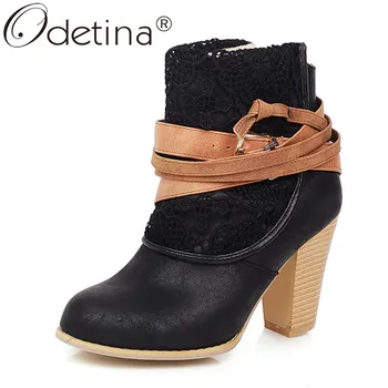 

Odetina Women Block High Heel Narrow Band Buckle Strap Ankle Boots Lady Winter Lace Back Zipper Hollow out Round Toe Short Boots