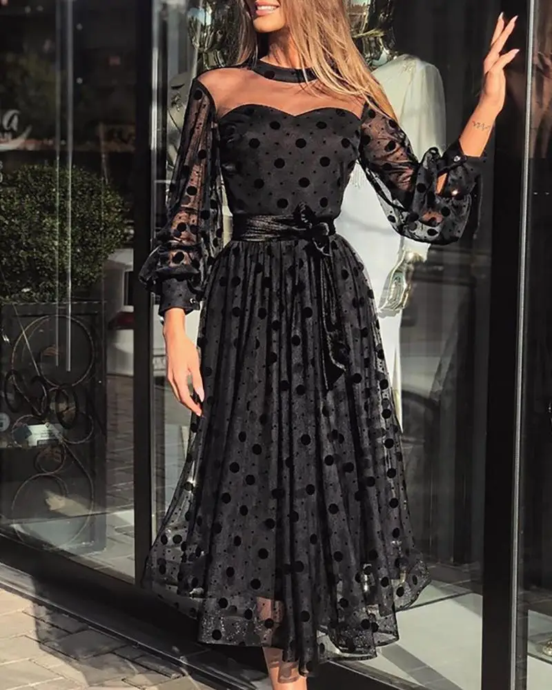 

Mesh See Through Lantern Sleeve Pleated Dress Women Perspective Polka Dot Maxi Dress