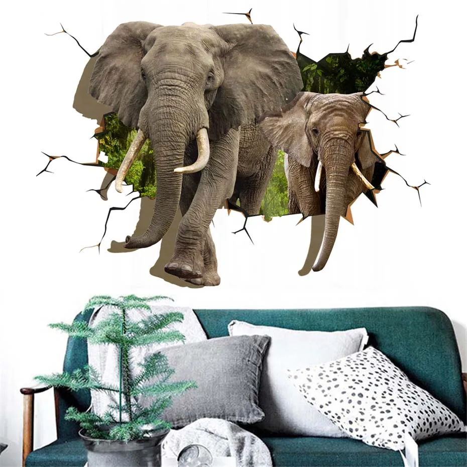 Wild Animal Giraffe Elephant Break the Wall 3D Sticker 3D Effect Decals for Kids Children Nursery Baby Room Living Room Sofa background Decoration Home Art Vinyls Mural Creative Removable Self-adhesive Wallpaper Gift (2)