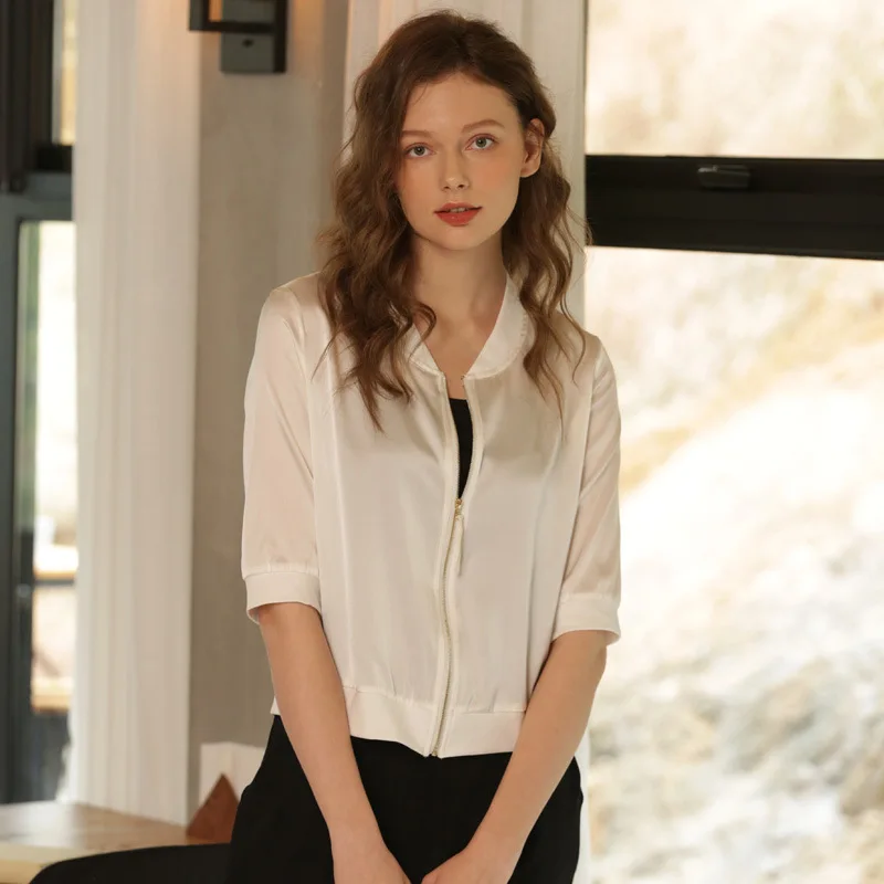 

Spring And Autumn 2019 New Style Hangzhou Cardigan Thin Sun Shirt Loose-Fit Black And White Real Silk Jacket Women's Half-sleeve