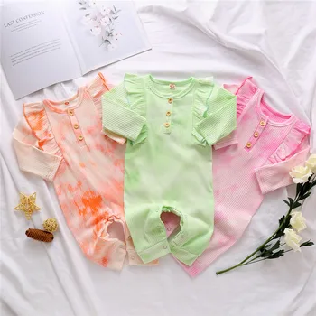 

2020 Baby Spring Autumn Clothing Newborn Baby Girls Ribbed Clothes Knitted Tie Dye Print Ruffles Romper Baby Jumpsuits Outfits