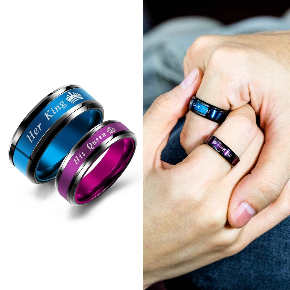 

New Stainless Steel Couple Rings 'Her King His Queen' For Lovers' Blue/Puple Ring Wedding Valentine's Day Jewelry Drop Shipping