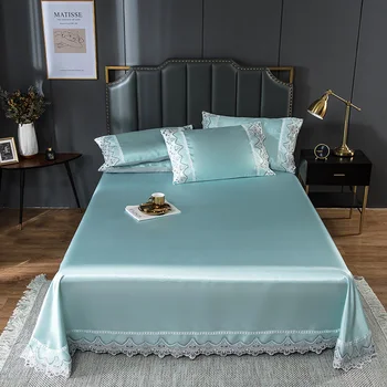 

Luxury Lace Trim Summer Bed Mat Set Washable Bed Topper Sheet Pillowcase Ice Silky Mat Adults Bed Mattress Protector Cover Set